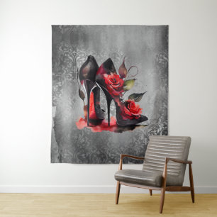 Gothic Fashionista Red Bottom Stilettos met Rozen Wandkleed