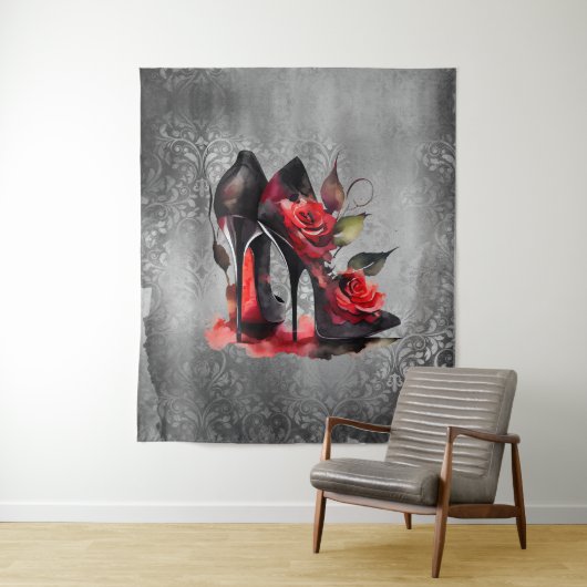 Gothic Fashionista Red Bottom Stilettos met Rozen Wandkleed (In situ)