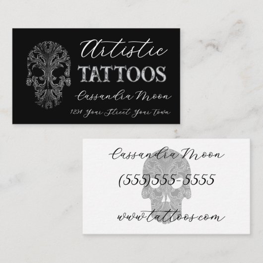 Gothic Filigree Skull Tatoo Studio Visitekaartje (Voorkant / Achterkant)