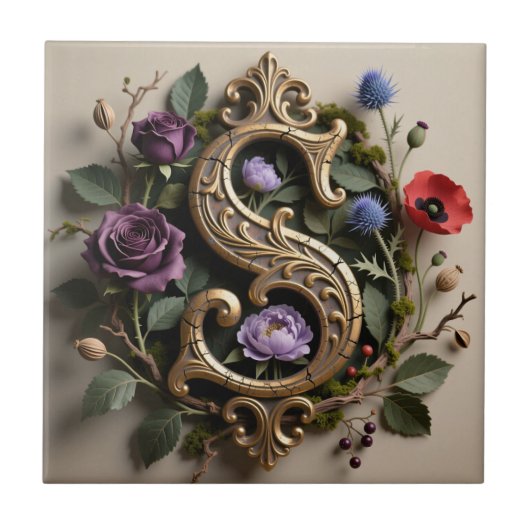 Gothic Floral Antique Gold Letter S Tegeltje (Voorkant)