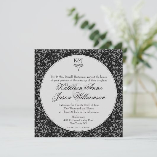 Gothic Floral Damask Monogram Weddenschap Kaart (Staand voorkant)