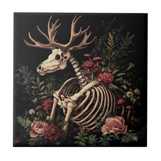Gothic Floral Deer Skeleton Tegeltje (Voorkant)