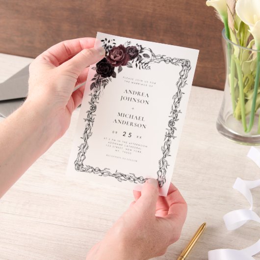 Gothic Floral Frame Dark Goth Halloween Wedding Vellum Uitnodigingen (Draagbaar)