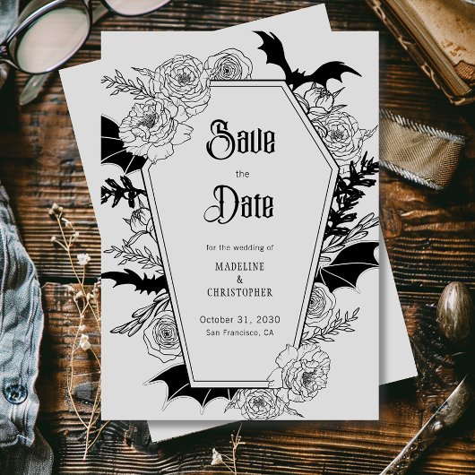 Gothic Floral Grey Wedding Save the Date Kaart