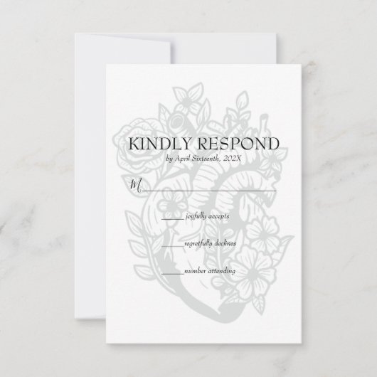 Gothic Floral Heart Spooky White Wedding RSVP Card Kaartje (Voorkant)
