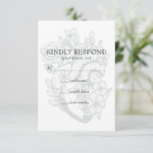 Gothic Floral Heart Spooky White Wedding RSVP Card Kaartje (Staand voorkant)