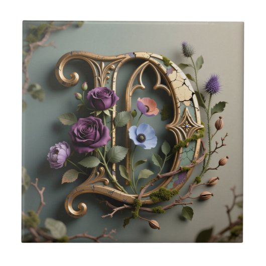 Gothic Floral Patina Gold Letter D Tegeltje (Voorkant)
