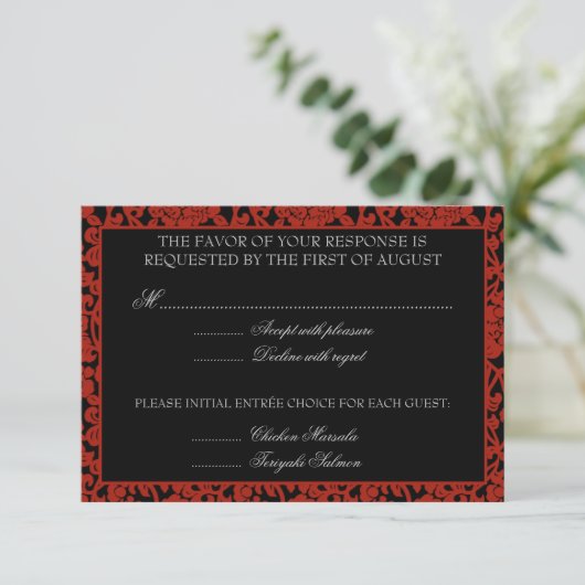 Gothic Floral Red & Black Damask RSVP Monogram (Staand voorkant)