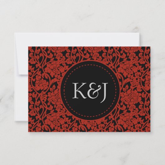 Gothic Floral Red & Black Damask RSVP Monogram (Achterkant)