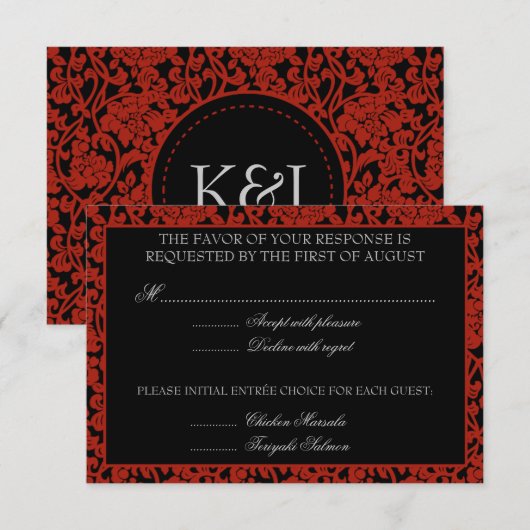 Gothic Floral Red & Black Damask RSVP Monogram (Voorkant / Achterkant)