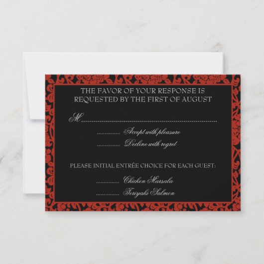 Gothic Floral Red & Black Damask RSVP Monogram Kaartje (Voorkant)
