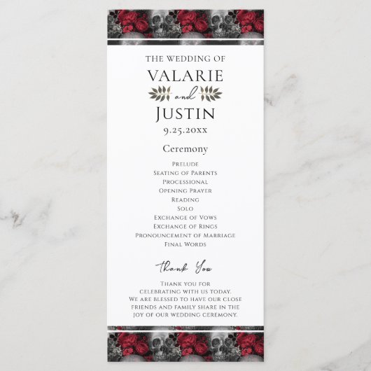 Gothic Floral Skeleton Wedding Programme Programmakaart (Voorkant)
