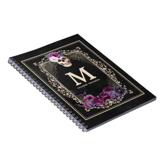 Gothic Floral Skull Custom Monogram & Name Black Notitieboek (Rechterzijde)