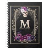 Gothic Floral Skull Custom Monogram & Name Black Notitieboek (Voorkant)