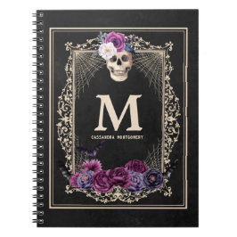 Gothic Floral Skull Custom Monogram & Name Black Notitieboek