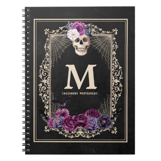 Gothic Floral Skull Custom Monogram & Name Black Notitieboek (Voorkant)