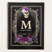 Gothic Floral Skull Custom Monogram & Name Black Planner (Voorkant)