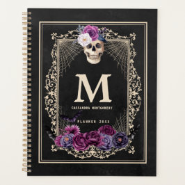 Gothic Floral Skull Custom Monogram & Name Black Planner