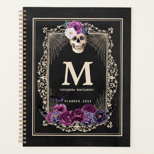 Gothic Floral Skull Custom Monogram & Name Black Planner (Voorkant)