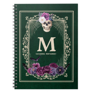 Gothic Floral Skull Custom Monogram & Name Green Notitieboek