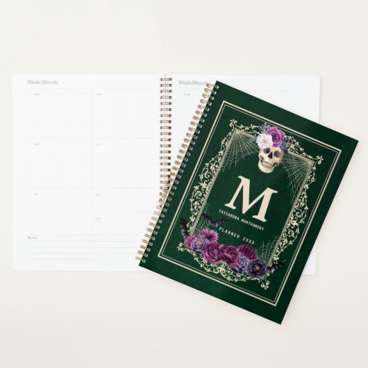 Gothic Floral Skull Custom Monogram & Name Green Planner (Display)