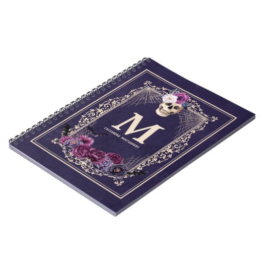 Gothic Floral Skull Custom Monogram & Name Navy Notitieboek (Linkerzijde)