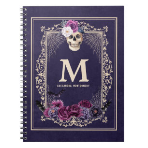 Gothic Floral Skull Custom Monogram & Name Navy Notitieboek