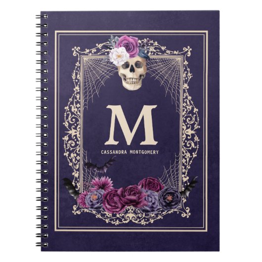 Gothic Floral Skull Custom Monogram & Name Navy Notitieboek (Voorkant)