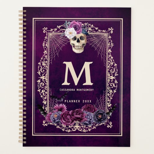 Gothic Floral Skull Custom Monogram & Name Paars Planner (Voorkant)