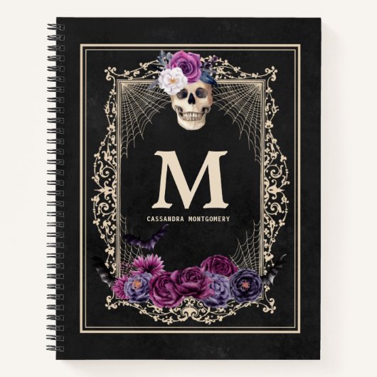 Gothic Floral Skull Custom Monogram & Name Sketch Notitieboek (Voorkant)