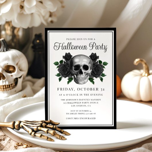 Gothic Floral Skull Halloween Uitnodiging