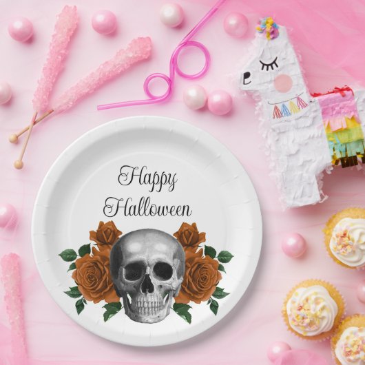 Gothic Floral Skull Happy Halloween Papieren Bordje (Feest)