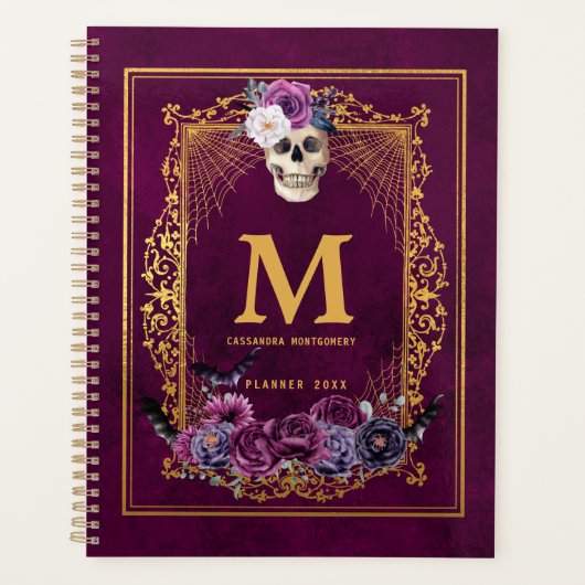 Gothic Floral Skull Magenta Custom Monogram Name Planner (Voorkant)