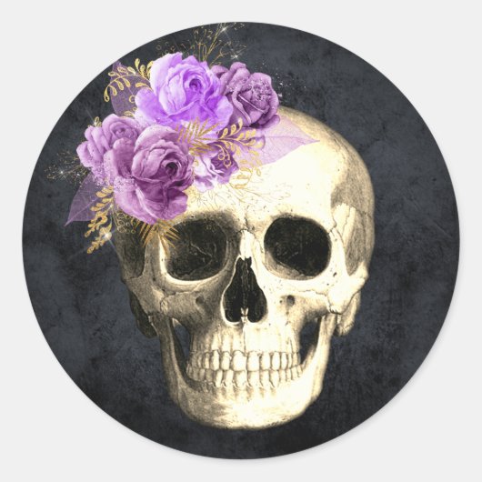 Gothic Floral Skull Ronde Sticker (Voorkant)