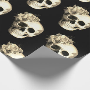 Gothic Floral Skull Roos Pattern Halloween Cadeaupapier
