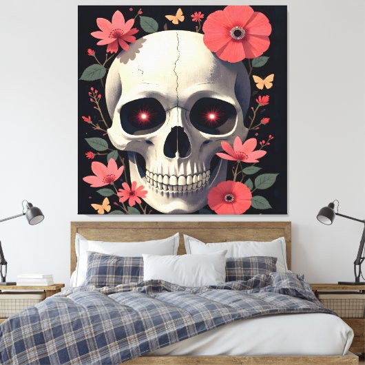 Gothic Floral Skull - Stylized Skull Canvas Afdruk (Insitu (Slaapkamer))