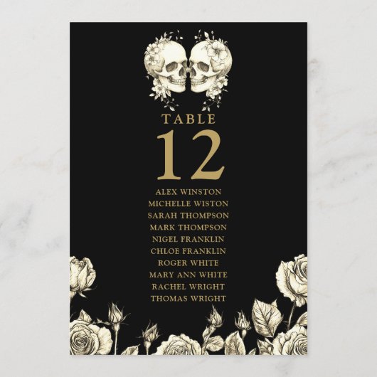 Gothic Floral Skulls Table Number Seating Chart Kaart (Achterkant)