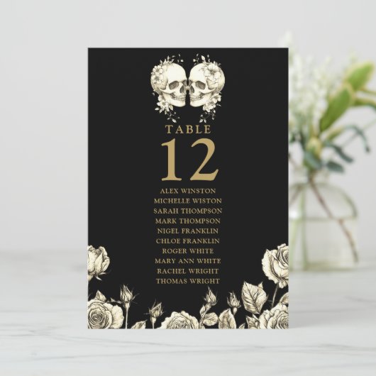 Gothic Floral Skulls Table Number Seating Chart Kaart (Staand voorkant)