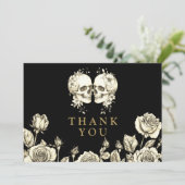 Gothic Floral Skulls Wedding Black And Gold Bedankkaart (Staand voorkant)
