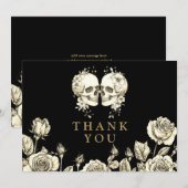 Gothic Floral Skulls Wedding Black And Gold Bedankkaart (Voorkant / Achterkant)