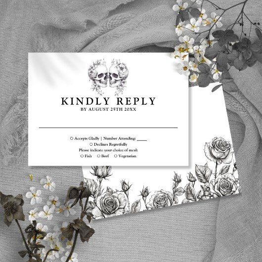 Gothic Floral Skulls Wedding RSVP Kaartje