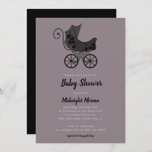 Gothic Floral Stroller Baby shower Invitation Kaart (Voorkant / Achterkant)