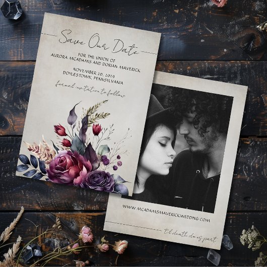 Gothic Floral Waterverf Foto Save the Date Kaart