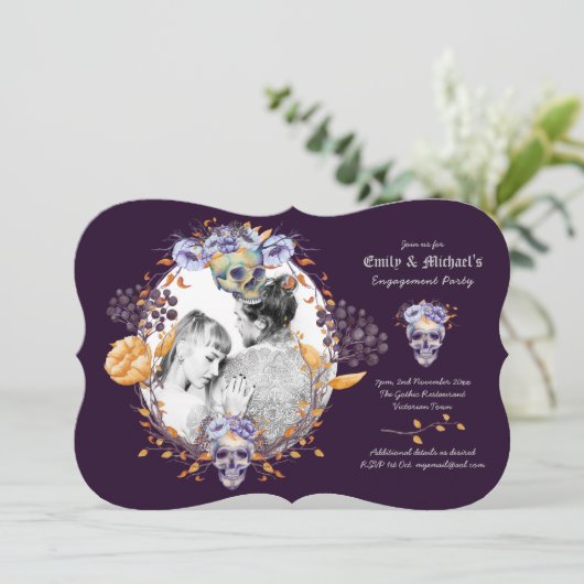 Gothic FOTO Bruiloft/Verloving Paarse Schedels Kaart (Staand voorkant)