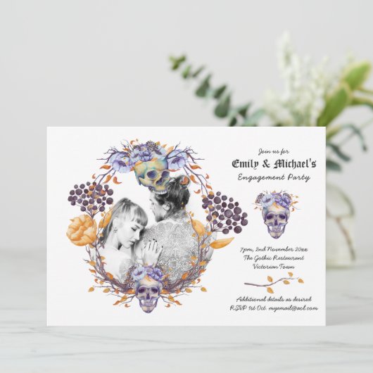 Gothic FOTO Bruiloft/Verloving Paarse Schedels Kaart (Staand voorkant)