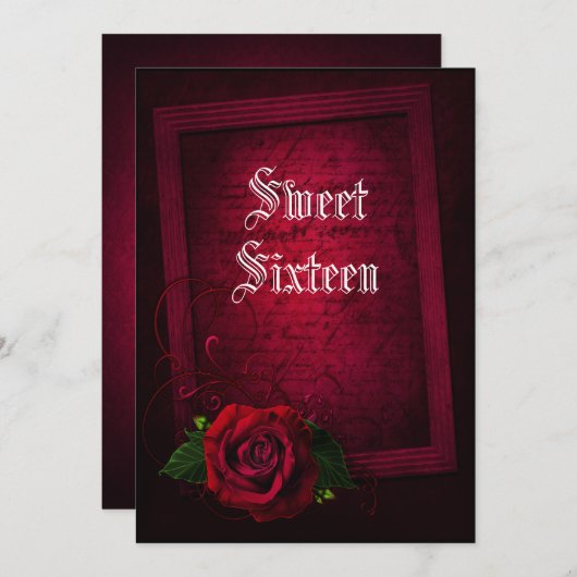 Gothic Framed Letter & Red Rose Sweet 16 Kaart (Voorkant / Achterkant)