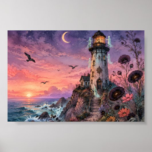 Gothic Ghost Vuurtoren Zonsondergang Whimsigoth Fa Poster (Voorkant)