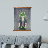 Gothic Girl Groen Pet Zwart Paarse Jurk Grijs Hangend Wandkleed