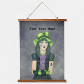 Gothic Girl Groen Pet Zwart Paarse Jurk Grijs Hangend Wandkleed (Voorkant)