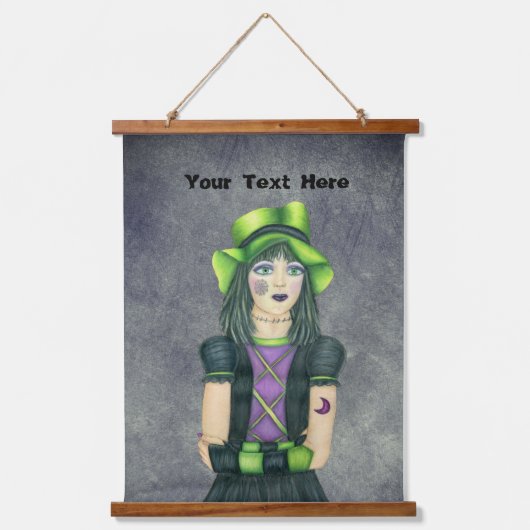 Gothic Girl Groen Pet Zwart Paarse Jurk Grijs Hangend Wandkleed (Voorkant)